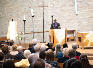 Lutheran World Federation President and Lutheran Church of Christ in Nigeria Archbishop Musa Panti Filibus ’98 Ph.D. preaches in Olson Campus Center's Chapel of the Incarnation