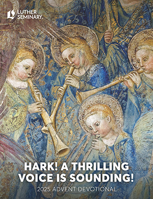 Four angels playing instruments with text "Hark! A Thrilling Voice Is Sounding! 2025 Advent Devotional."