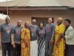 Luther Seminary community members at the Convention of the Lutheran Church of Christ in Nigeria [L to R]: Bishop Peter Bartimawus ’05 Ph.D., Fidon Mwombeki ’97 Th.D., Fiyayina Bartimawus, Archbishop Musa Panti Filibus ’98 Ph.D., Marie Y. Hayes, Sekenwa Briska ’12 Ph.D., Nuwayina Briska, and Ruth Musa Filibus.