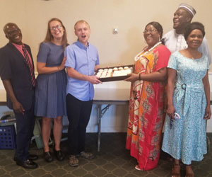 Students celebrate a birthday together [L to R]: Daniel Mazuri ’21 M.A., Hope Johnson ’22 M.Div., Austin Krohnke ’22 M.Div., Janice Gonoe ’21 Th.M., Stanley, Ayashim ’21 M.A., Sifa Kadiva ’21 M.A.