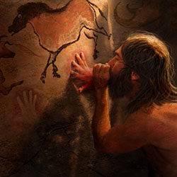 Person creating cave art with handprints and a horse drawing on a cave wall.