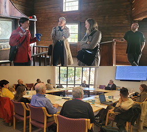 Two-part image with people talking in a wooden interior and a meeting in a bright conference room.