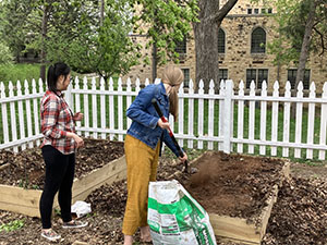Two people working in a raised garden bed near a white picket fence with trees in the background.