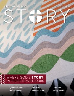Magazine cover with abstract design titled "STORY" from Luther Seminary, Summer 2025