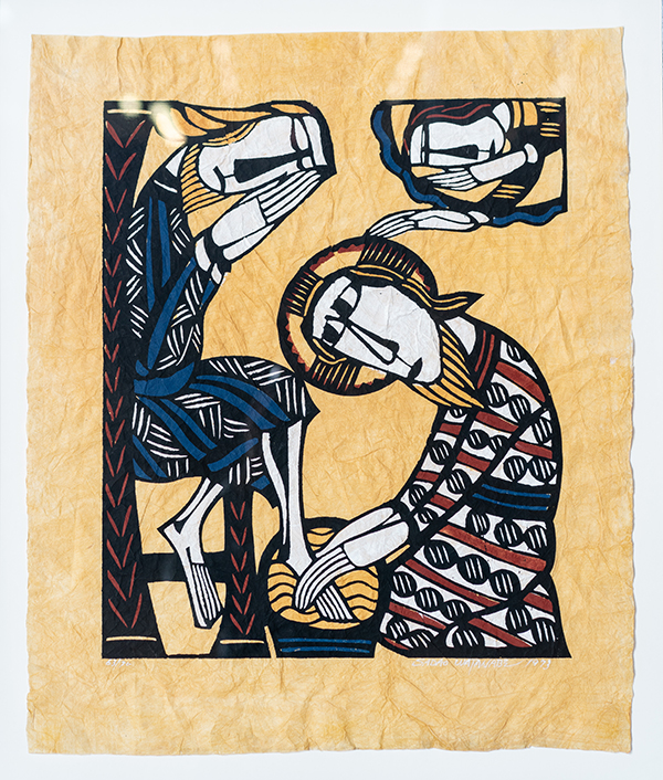 Artistic depiction of two figures in a washing scene with a textured background.
