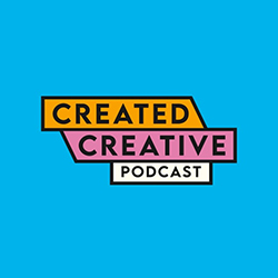 Podcast cover with the text "CREATED CREATIVE PODCAST" in white, stacked on three horizontal blocks: orange on top, pink in the middle, and black on the bottom, all on a bright blue background.