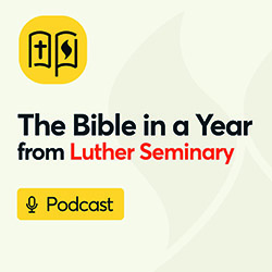 Graphic art for "The Bible in a Year from Luther Seminary" podcast, featuring a yellow book icon and podcast badge on a light background.