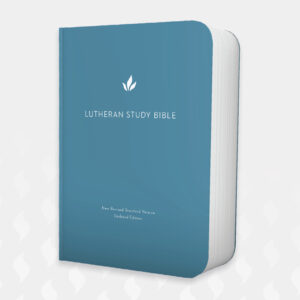 A minimalist, teal-blue "Lutheran Study Bible" featuring a small white leaf emblem and white text.