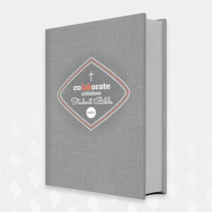 A grey, textured "Colaborate Lutheran Student Bible" with a diamond-shaped central graphic and orange accents.
